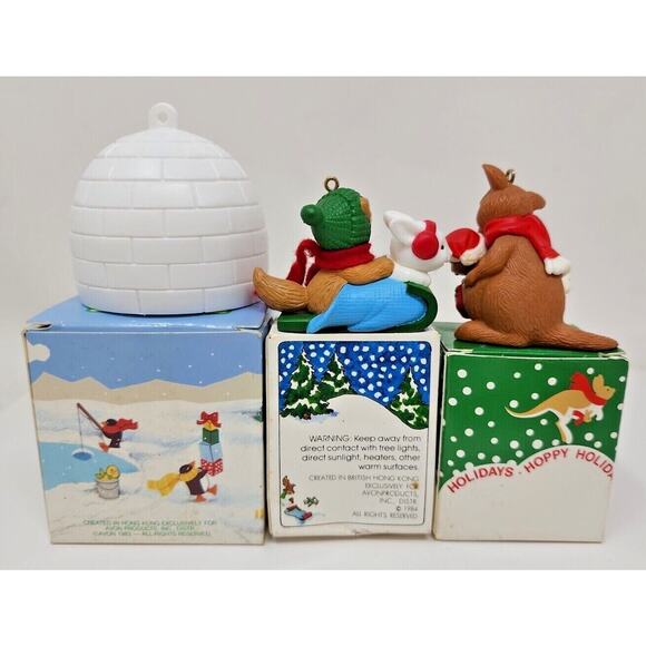 Vintage Avon 3 ornaments Winter Fun & Pals and Hoppy Holidays NIP U95 - Picture 5 of 5